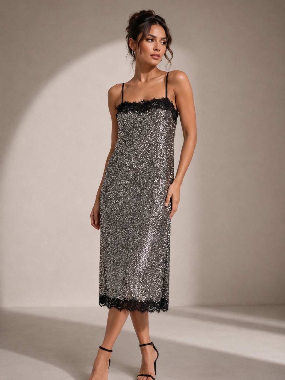 Gianni Bini x Lilly Sisto Allegra Sequin Slip Dress Sz 8 Lace Spaghetti Strap